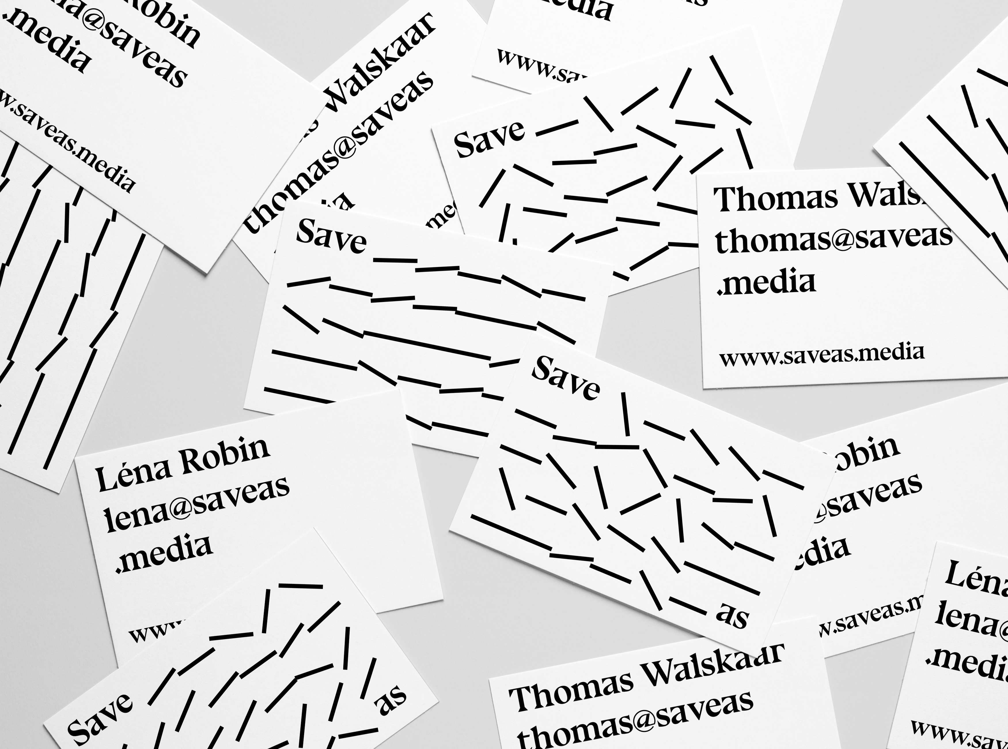 View of visual identity of Save_As, showing the white minimal business cards, design by Lena Robin